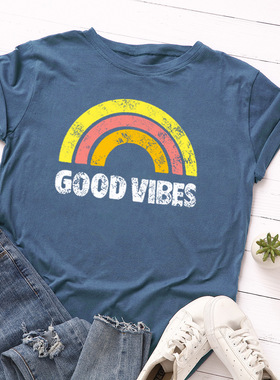 现货 欧美女装Women T-shirt宽松大码彩虹薄款纯棉短袖T恤女潮