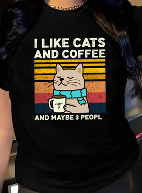 欧美女装Women T-shirt纯棉宽松薄款短袖圆领t恤女猫咪字母咖啡