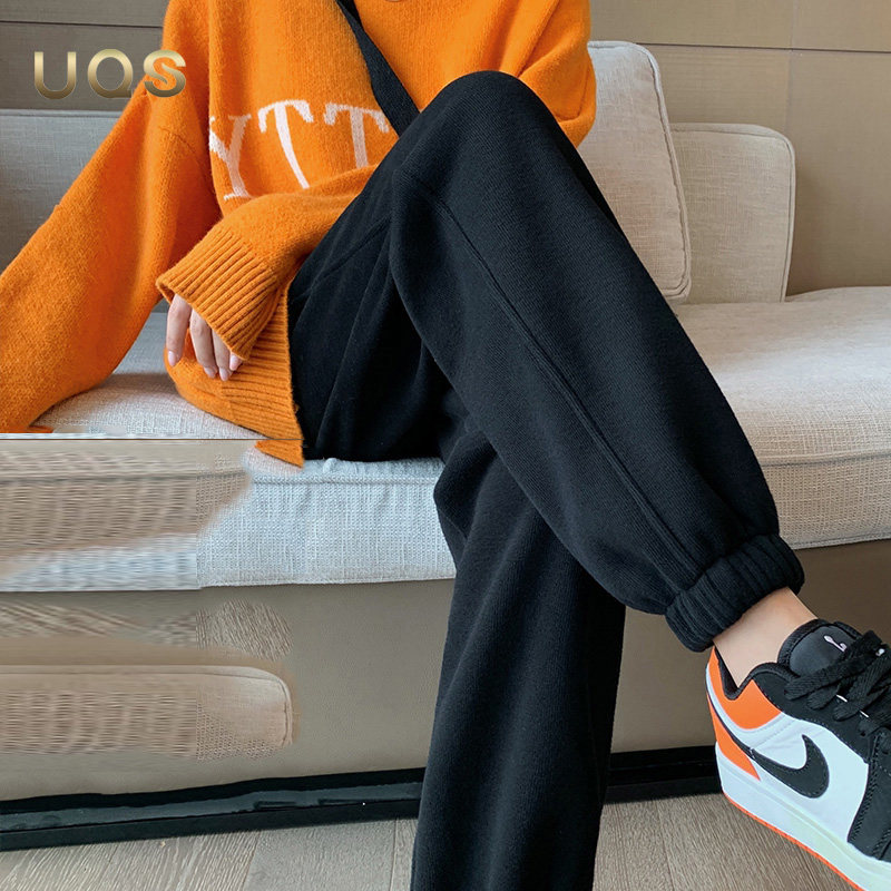 UQS小个子黑色休闲卫裤女秋冬季新款2024宽松显瘦加绒束脚运动裤