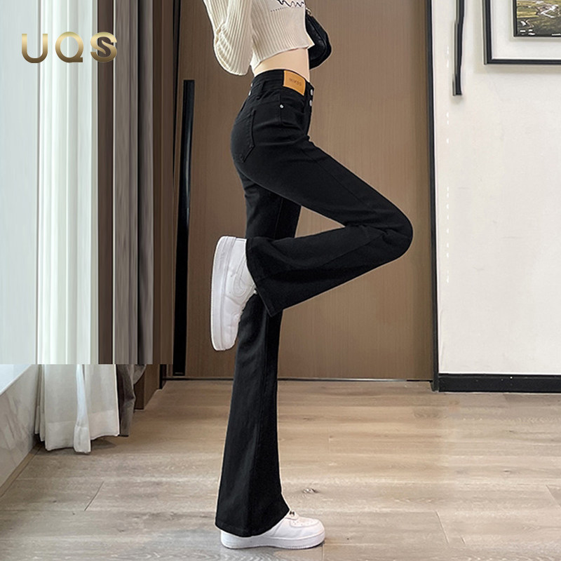 UQS黑色加绒微喇牛仔裤女冬季2026年新款弹力修身显瘦加长马蹄裤