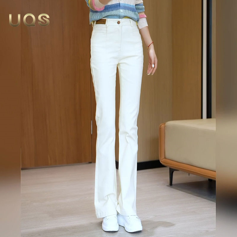 UQS米白色微喇牛仔裤女冬季2025年新款时尚修身显瘦加绒喇叭裤子