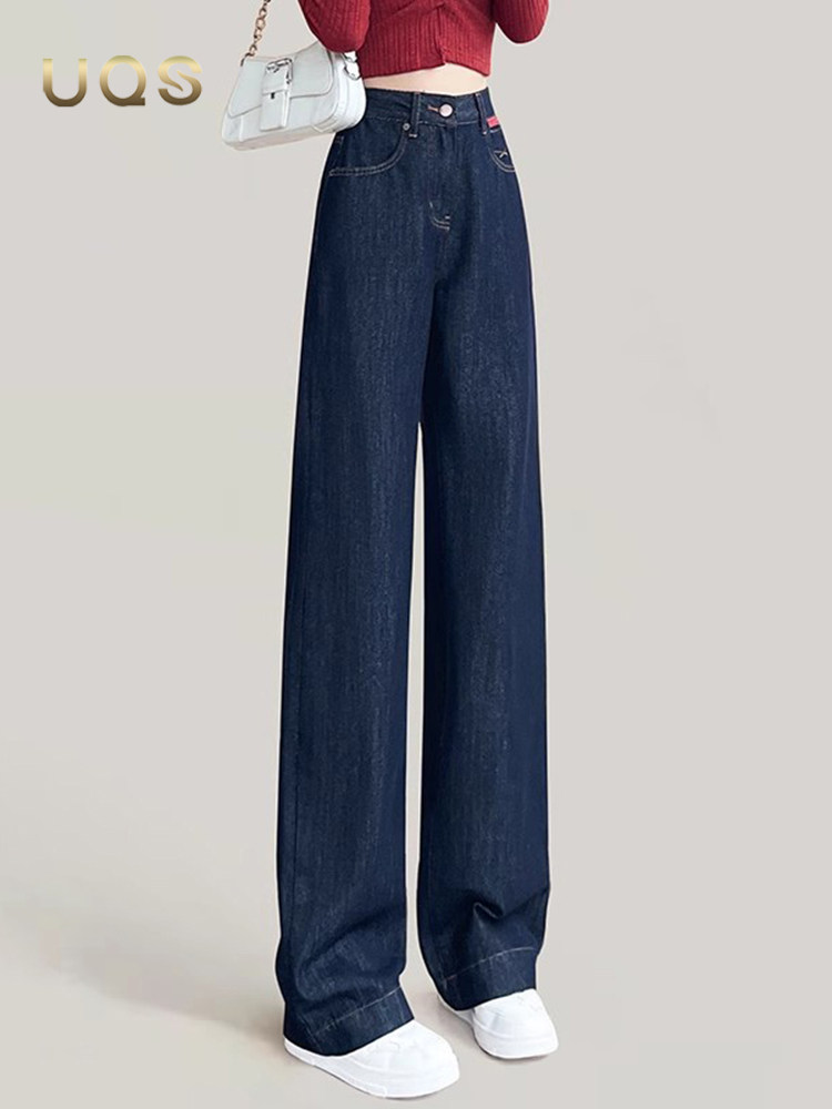 UQS高个子丹宁蓝窄版直筒牛仔裤女2025年春秋新款垂顺加长拖地裤
