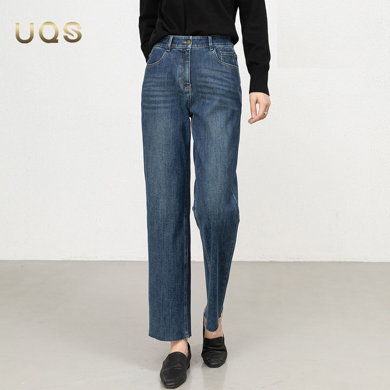 UQS小个子蓝色直筒牛仔裤女秋季2025年新款时尚修身显瘦烟管裤