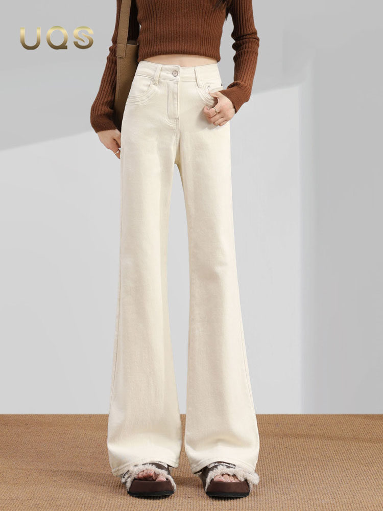 UQS白色微喇牛仔裤女秋季2025年新款大码高腰修身显瘦马蹄喇叭裤