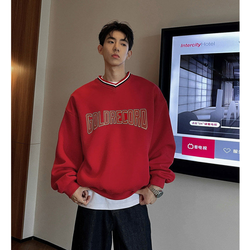 美式复古织带V领棒球服卫衣男街头宽松情侣套头运动球衣长袖上衣