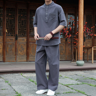 新中式男士棉麻短袖立领T恤+休闲长裤直筒套装百搭两件套夏季大码