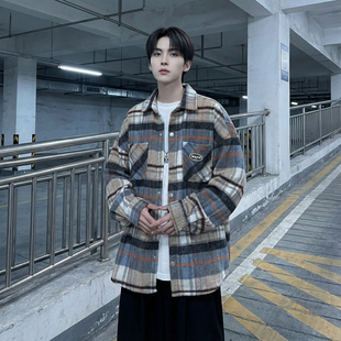 法式小香风磨毛格子衬衫男春秋季蓝色长袖工装衬衣日系少年感外套