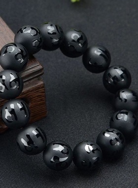 黑色天然玛瑙手链女六字真箴言磨砂单圈佛珠串个性情侣手首饰品男