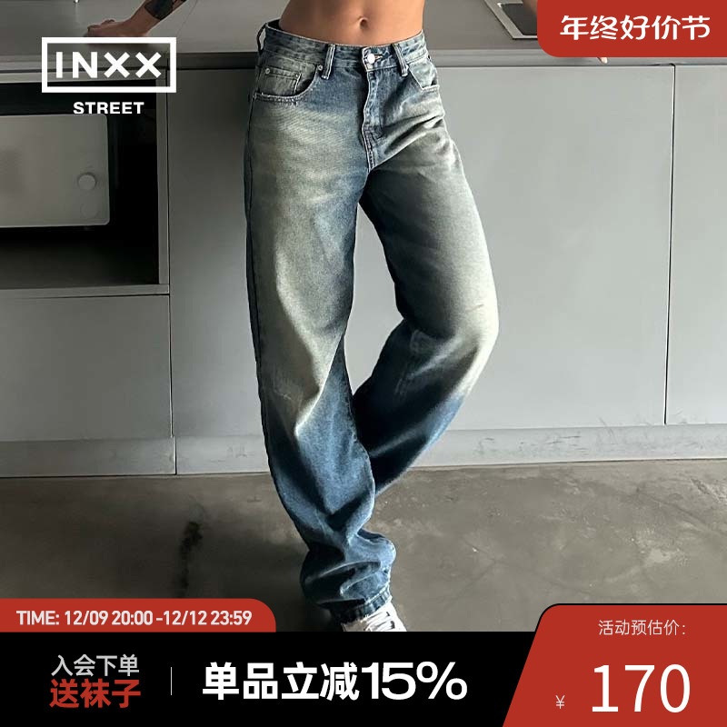 inxx street潮牌秋季宽松直筒牛仔裤美式复古男女情侣休闲长裤子