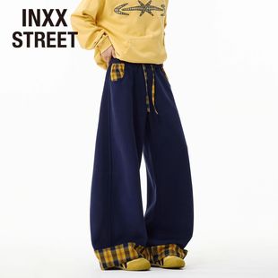 STREET撞色格子拼接卷边重磅卫裤 宽松休闲裤 男士 新款 秋冬季 INXX