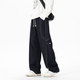 STREET直筒拼接牛仔裤 风宽松潮牌抽绳裤 男士 美式 子 秋冬新款 INXX