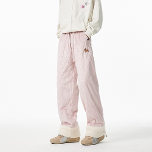 男女冬加绒加厚保暖直筒滑雪休闲裤 INXX STREET粉色腊肠狗棉裤