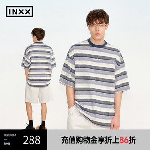 T恤条纹印花字母刺绣上衣XRF2010829 INXX 复古仿蜡染做旧短袖