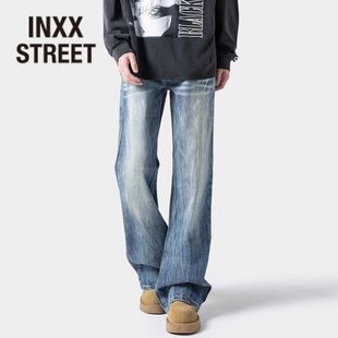 男士 风闪电纹水洗牛仔裤 秋季 新款 INXX 宽松直筒微喇裤 STREET美式
