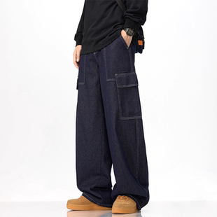 男士 牛仔裤 秋冬新款 美式 子潮 INXX 宽松阔腿裤 STREET原色拼接工装