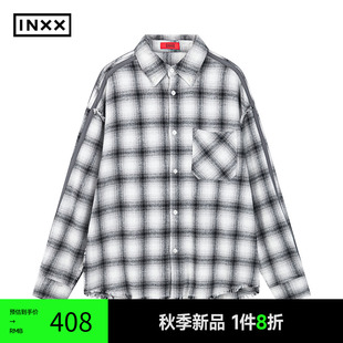 男搭缝毛边设计上衣女XRF3041558 INXX 复古休闲格纹长袖 衬衫