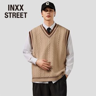 INXX 秋冬复古学院风撞色v领针织背心 STREET韩系毛衣马甲男士