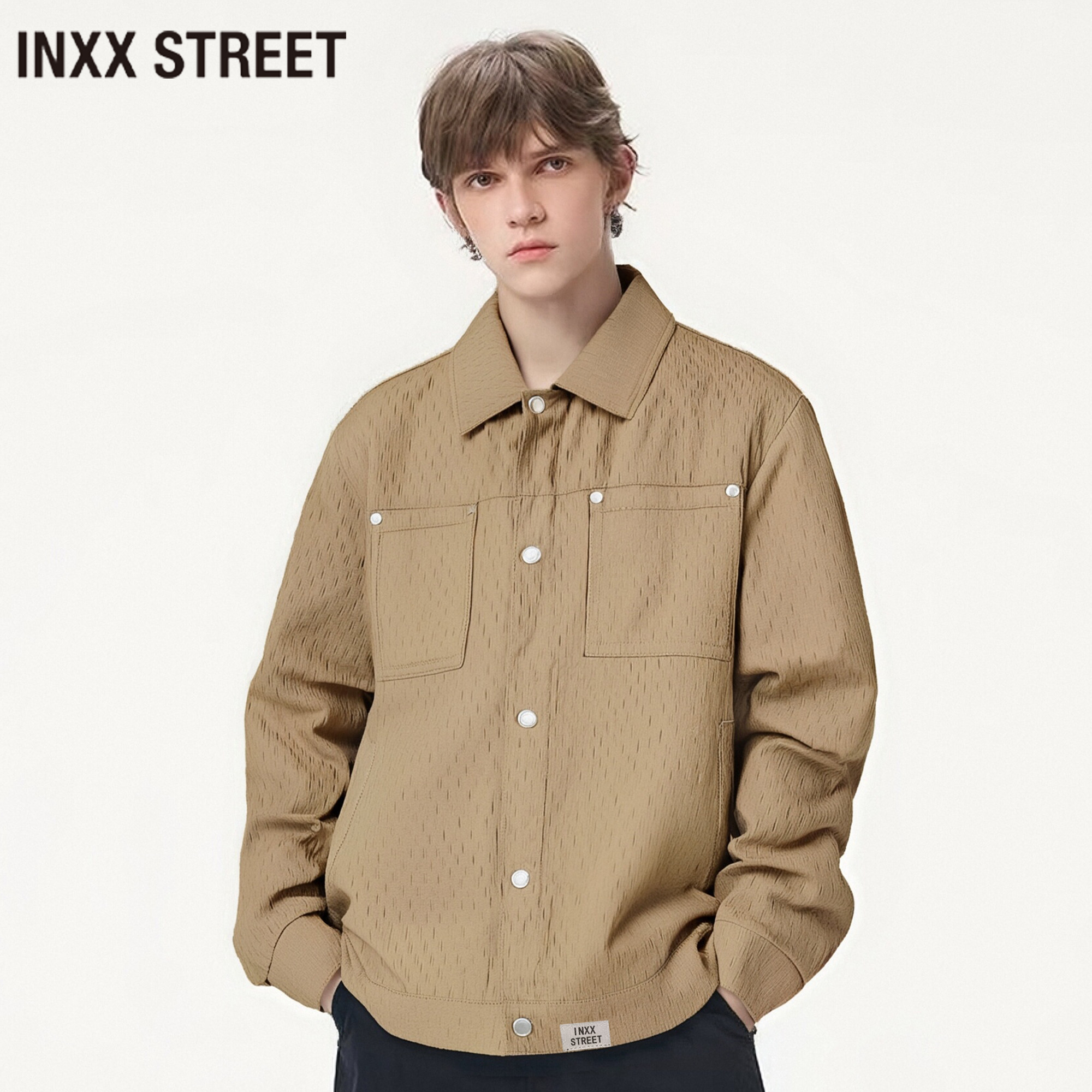INXX肌理感有内衬翻领纯色简约外套男士春秋新款宽松休闲上衣夹克