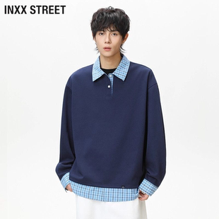 翻领休闲上衣 polo秋格子长袖 INXX STREET卫衣格纹假两件拼接美式
