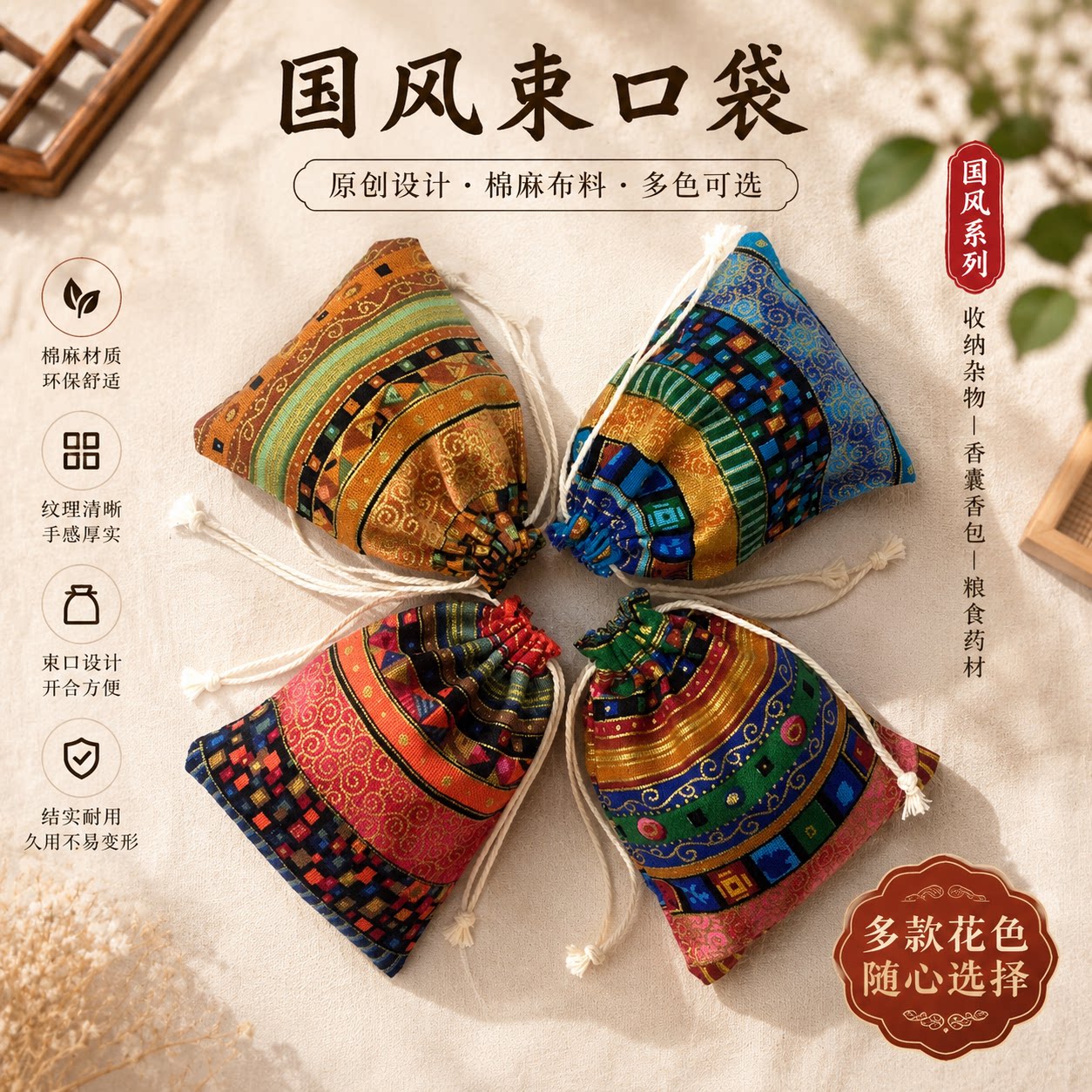 古风香囊袋小香包空袋子中药锦囊棉麻收纳袋大号布袋子抽绳束口袋图片