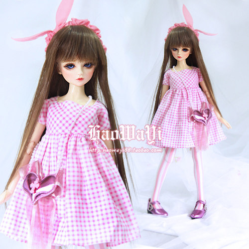 bjd 娃衣  连衣裙 小清新格子粉红裙子