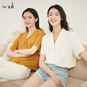 服饰 领衬衫 女士短袖 休闲舒适莱赛尔亚麻通勤西装 衬衫 万丽