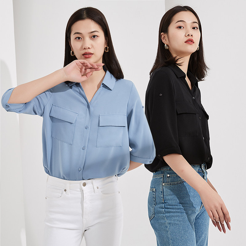 【清仓特惠】万丽（服饰）女士法式翻领可调节中袖短袖衬衣通勤职