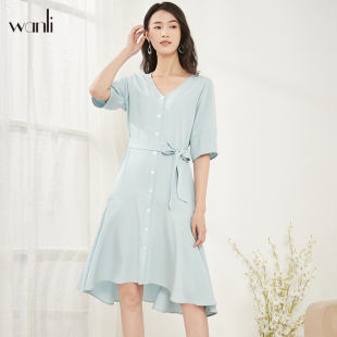 连衣裙女式 万丽 短袖 女装 V领收腰雪纺气质女士连衣裙 服饰