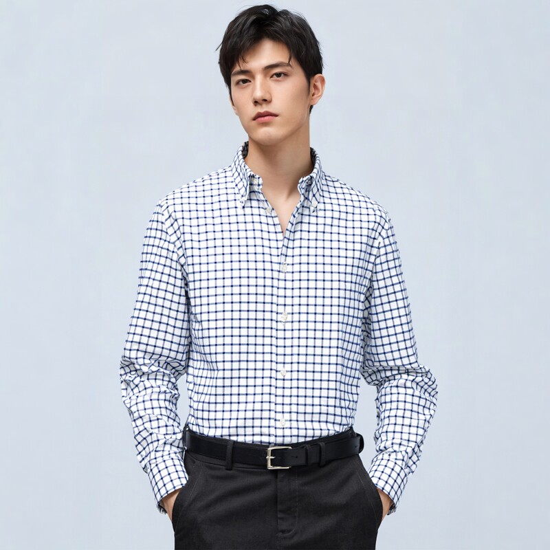 万丽（服饰）男士免烫衬衫全棉柔软舒适商务休闲格纹长袖男士衬衣 - 万丽服饰旗舰店出品