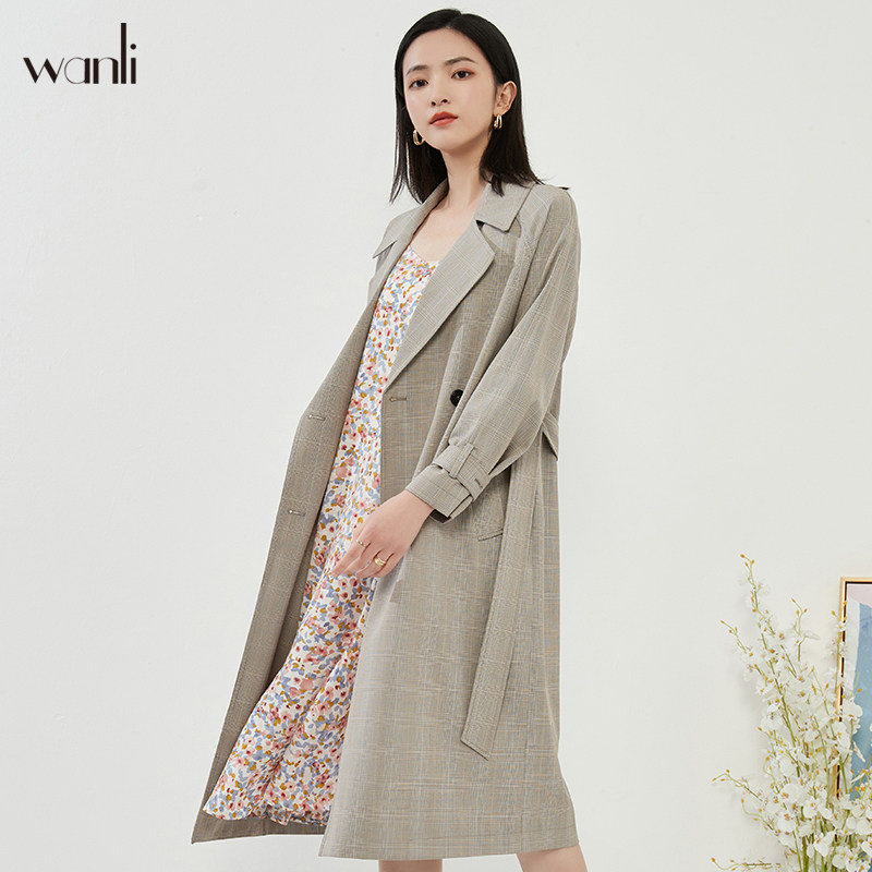 【清仓特惠】万丽女装 新款经典翻领双排扣时尚格纹长款女士风