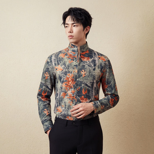英伦潮流时尚发型师美发师高端立领花色长袖衬衫男士修身帅气衬衣