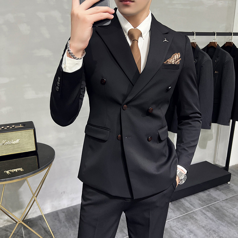 韩版商务休闲正装男士双排扣工作服西服套装西装马甲裤子新郎礼服