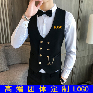 定制logo酒吧KTV餐饮台球厅服务员工作服男士双排扣马甲裤子套装