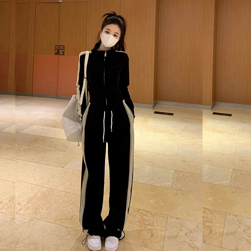 大码休闲运动套装女秋冬2023新款黑色显瘦外套高腰显瘦长裤两件套