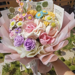 毛线复古手工编织玫瑰康乃馨花束DIY材料包自制520礼物送女友闺蜜