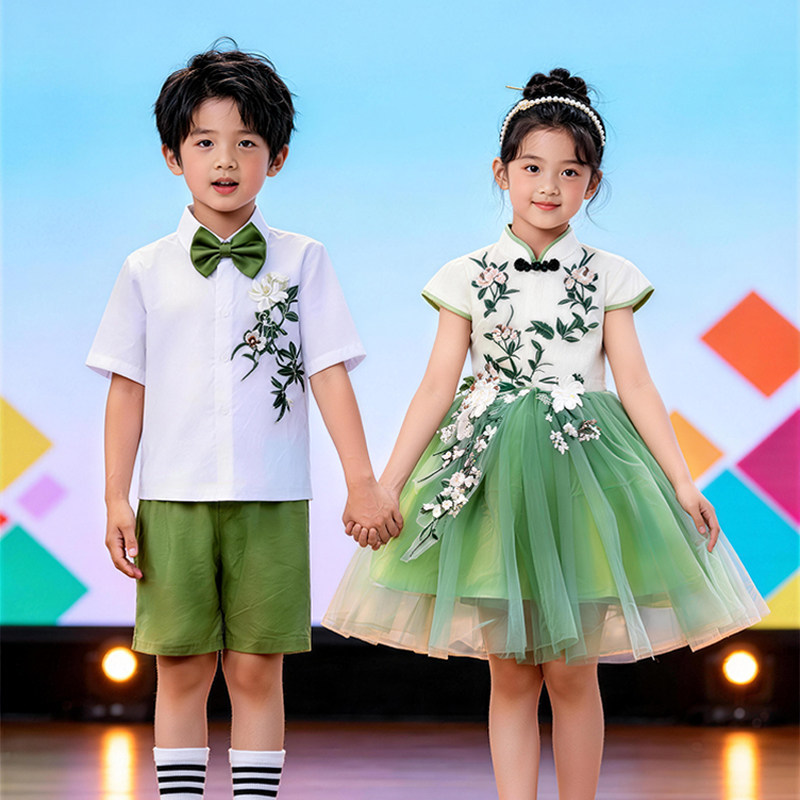 新款儿童合唱演出服男女童中国风刺绣幼儿园毕业蓬蓬纱裙表演礼服