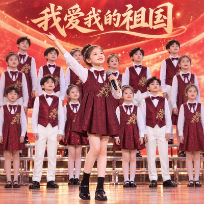 红色女童爱国亮片绣合唱演出服
