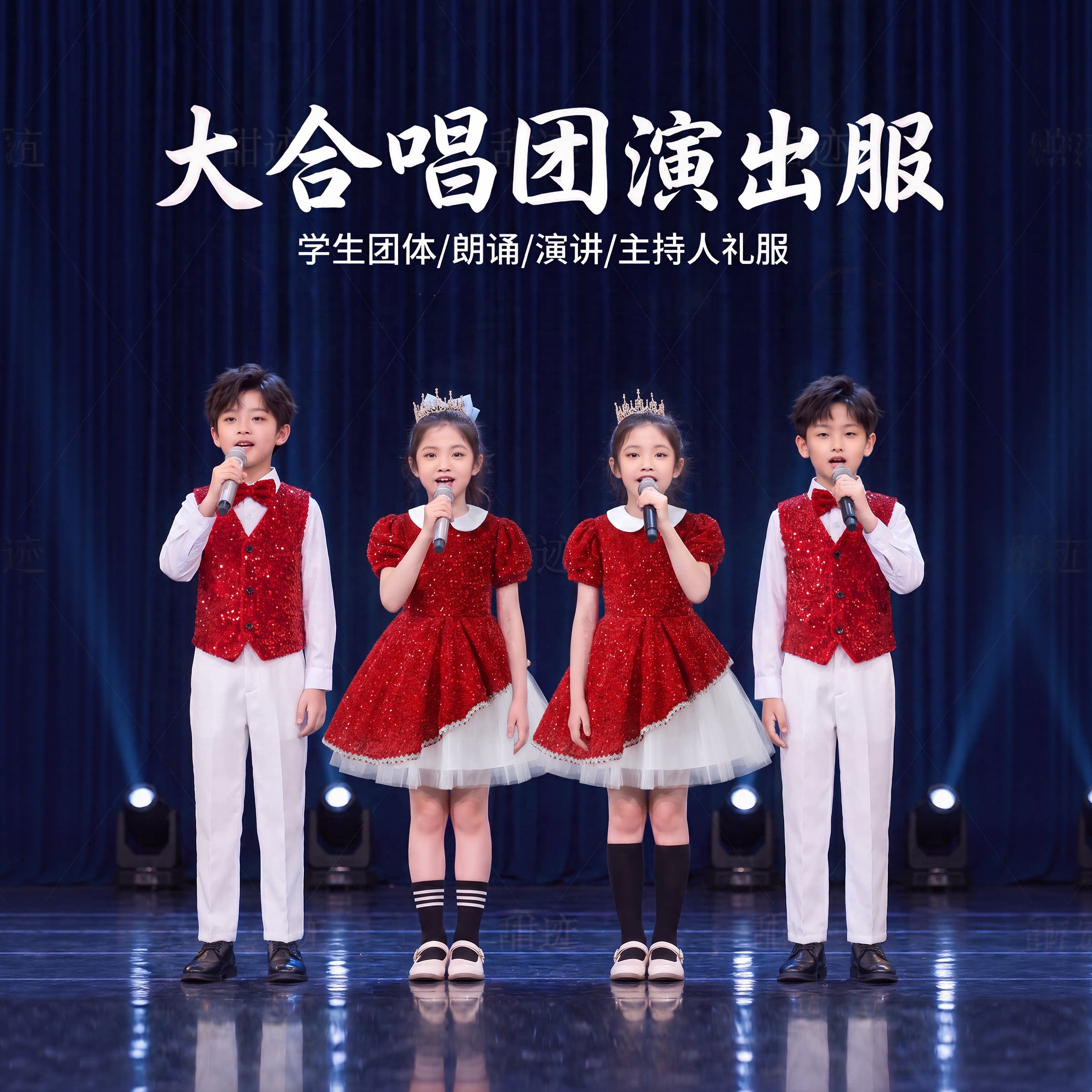 男女童红色亮片合唱朗诵演出服