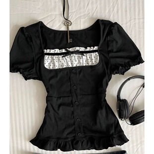 大码法式复古气质vintage黑色拼接方领短袖T恤女古着穿搭波点上衣