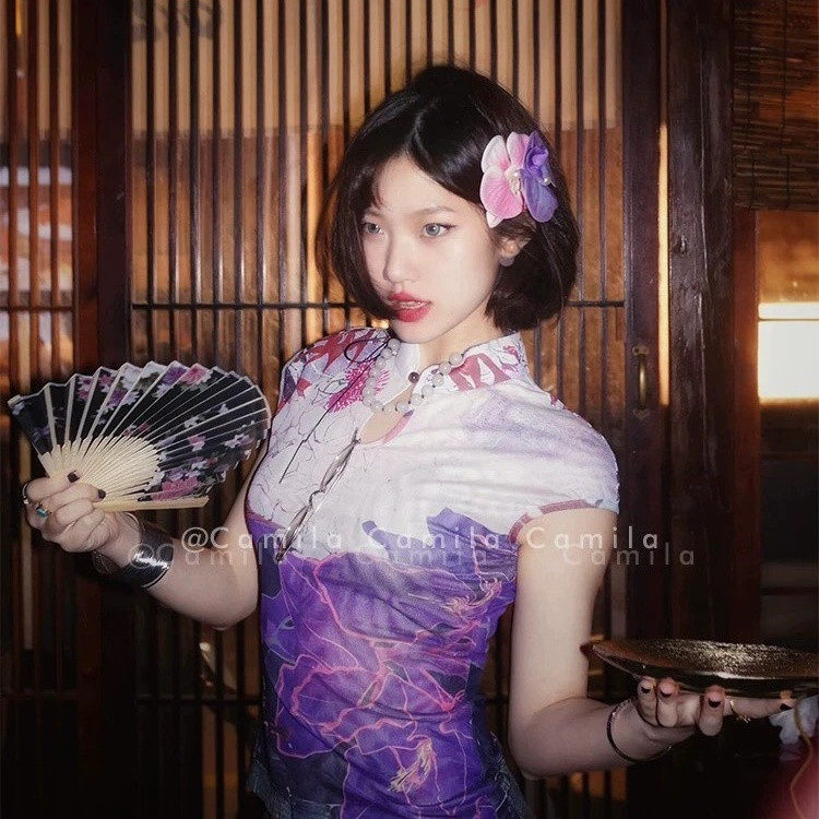 大码新中式网纱印花旗袍领女夏季y2k千禧辣妹风小飞袖短款T恤上衣