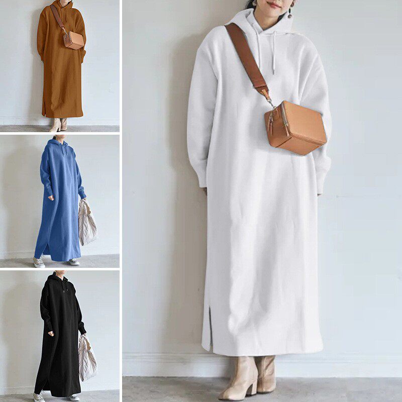 跨境货源秋冬加绒连帽打底卫衣加大码直筒口袋宽松长连衣裙