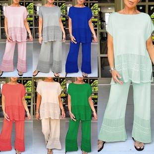 镂空上衣宽松弹性松紧腰长裤 套装 休闲时尚 热销亚马逊两件套女式