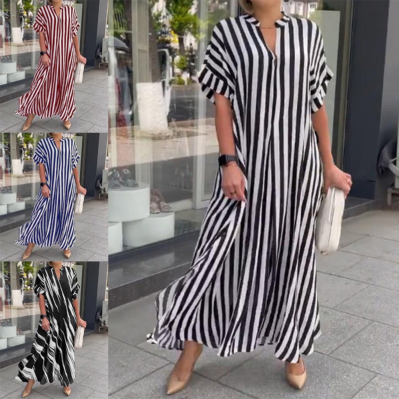 跨境热卖春夏新款女士宽松休闲条纹印花开叉长款衬衫裙