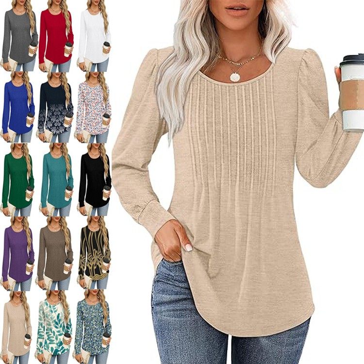 亚马逊秋季新款女式长袖上衣衬衫时尚休闲褶皱低圆领跨境女装,个性定制/设计服务/DIY,连衣裙加工定制,淘宝优惠券,粉丝福利购,淘宝优惠卷