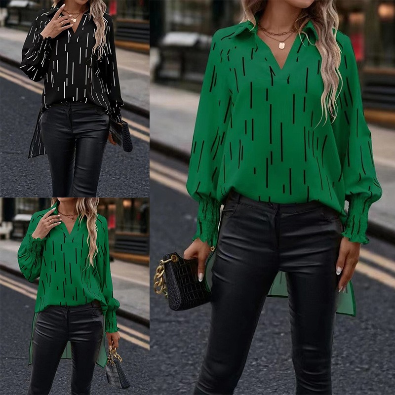 春秋亚马逊独立站女装新款宽松休闲燕尾服条纹长袖衬衫