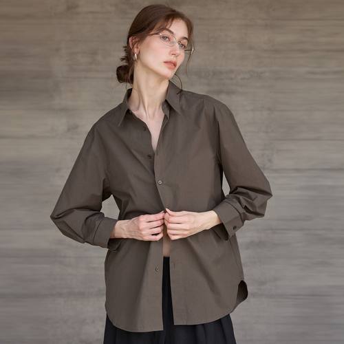 秋冬新款纯棉长袖衬衫女法式慵懒风镂空设计上衣中长款百搭衬衣