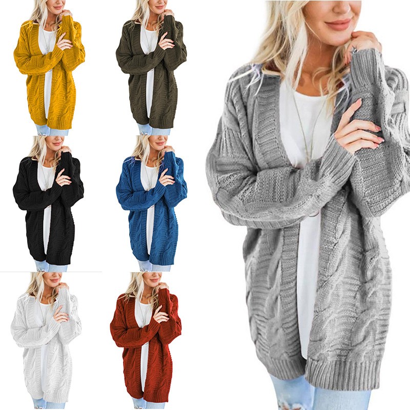 秋冬新品亚马逊麻花开衫欧美风纯色中长款粗线针织衫毛衣女