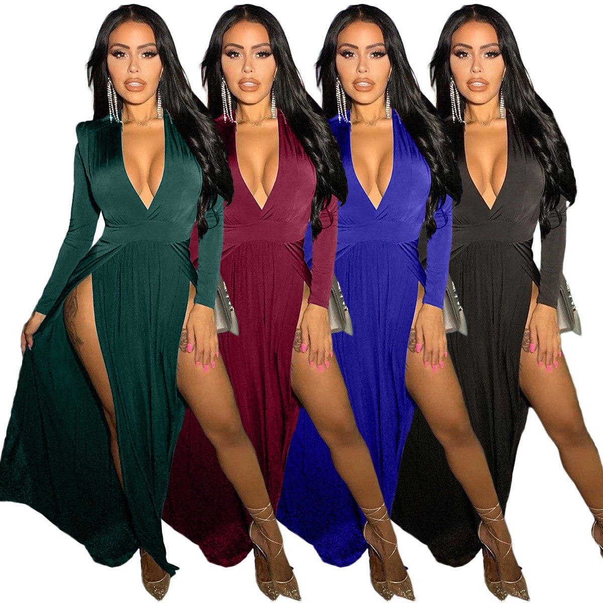 欧美女装 纯色长袖拼接领下摆开叉连衣裙 亚马逊爆款,个性定制/设计服务/DIY,连衣裙加工定制,淘宝优惠券,粉丝福利购,淘宝优惠卷