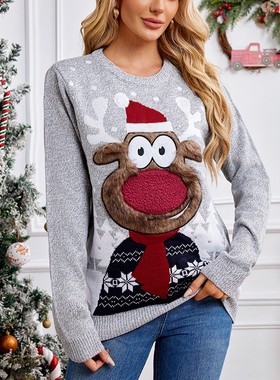 欧美亚马逊爆款宽松休闲亲子装针织衫秋冬彩灯灰色套头圣诞毛衣