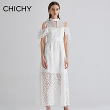 CHICHY夏季新品设计师款女款蕾丝露肩网纱很仙很气质薄连衣裙